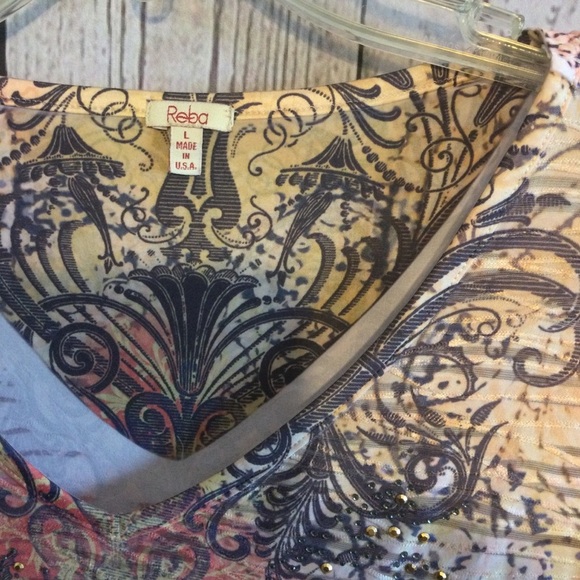 Reba Multicolor V-Neck Women's Longer Top Riveted Detail Casual Office Large - Picture 4 of 6